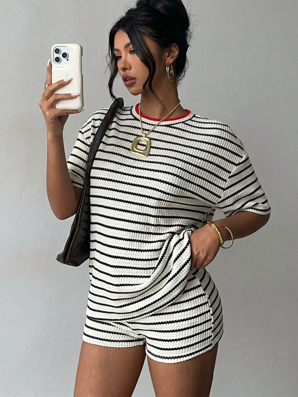 ZARA Fashion Striped Short Sleeve Loose Top and Hot Shorts Two Piece Set